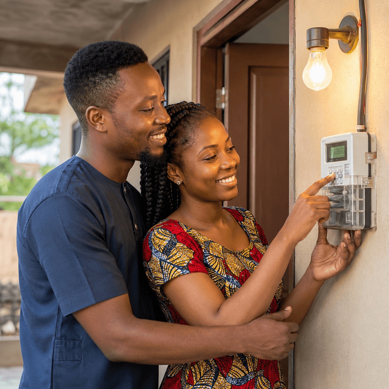 A happy Nigerian couple recharging their prepaid electricity meter at home