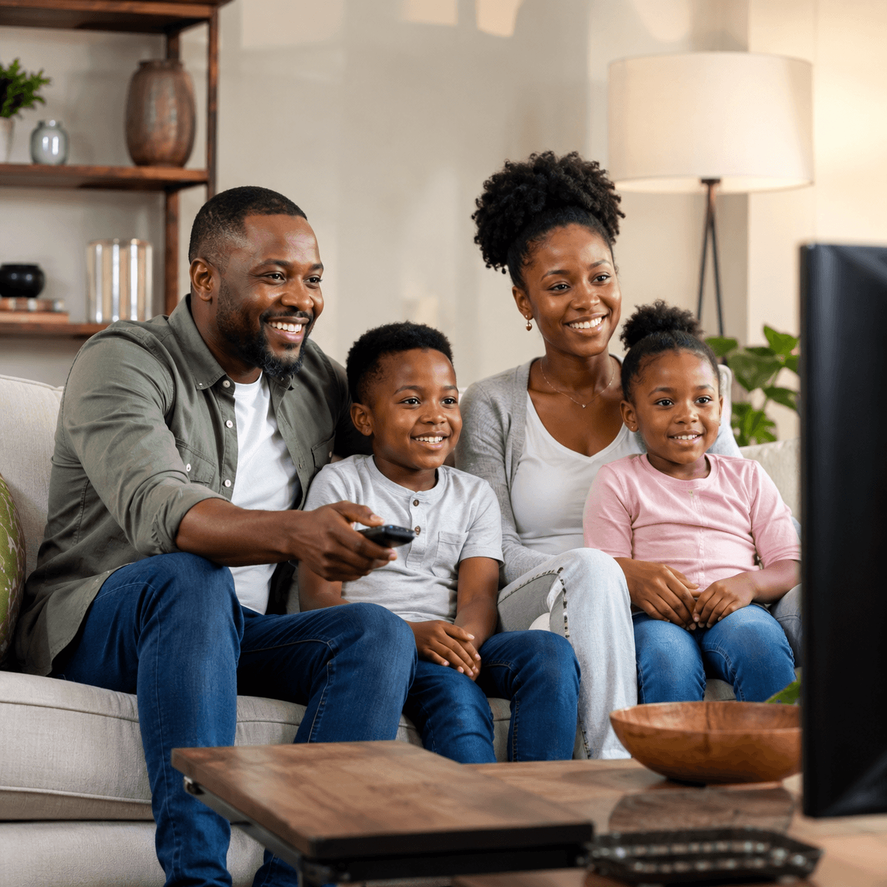 Family watching TV after renewing cable subscription